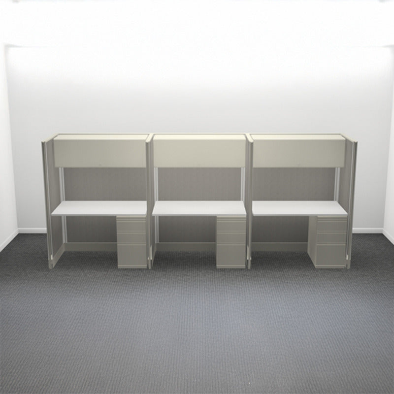 3-Person Webb Desk Row, 4' x 2', 67" Panels with Overhead Storage layout