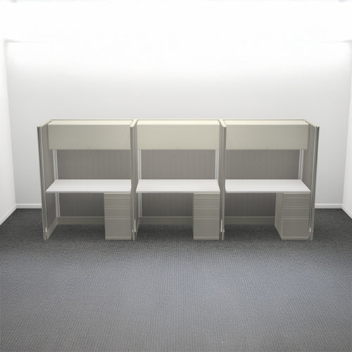 3-Person Webb Desk Row, 4' x 2', 67" Panels with Overhead Storage layout
