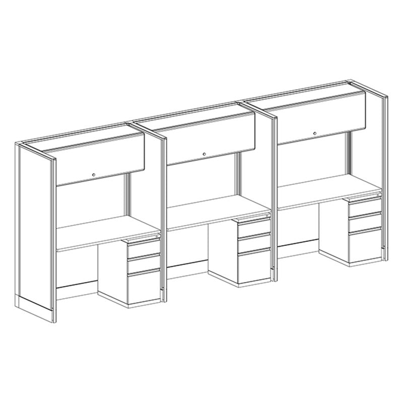 3-Person Webb Desk Row, 4' x 2', 67" Panels with Overhead Storage layout