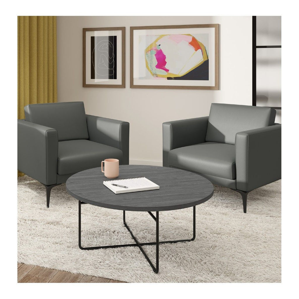 Round Laminate Coffee Table with Black Steel Rod Base